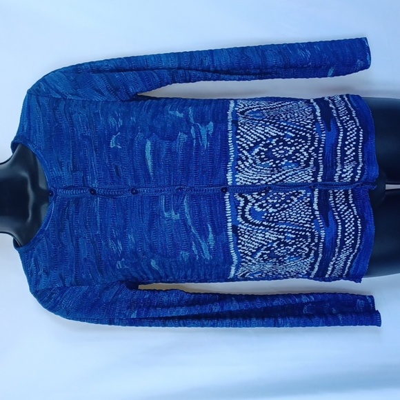 PLEAT PLEAT by RAFAEL light weight print jacket/cardigan. Blue/black, button - Picture 1 of 6